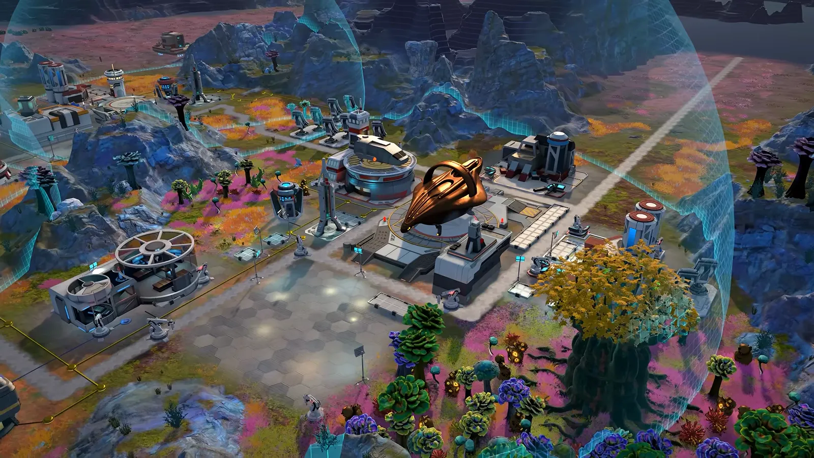 Official gameplay footage of a developed outpost under a blue dome with a shuttle flying above it