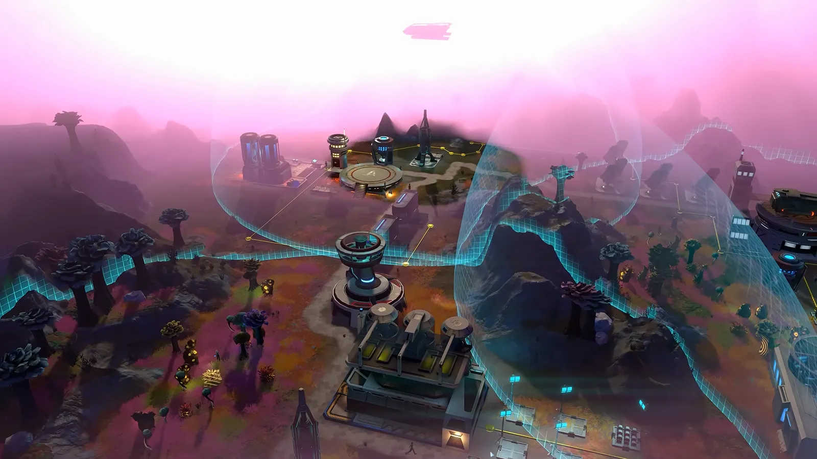 Official gameplay footage of an aerial view over outposts under a translucent dome through pink haze, with dark trees around them