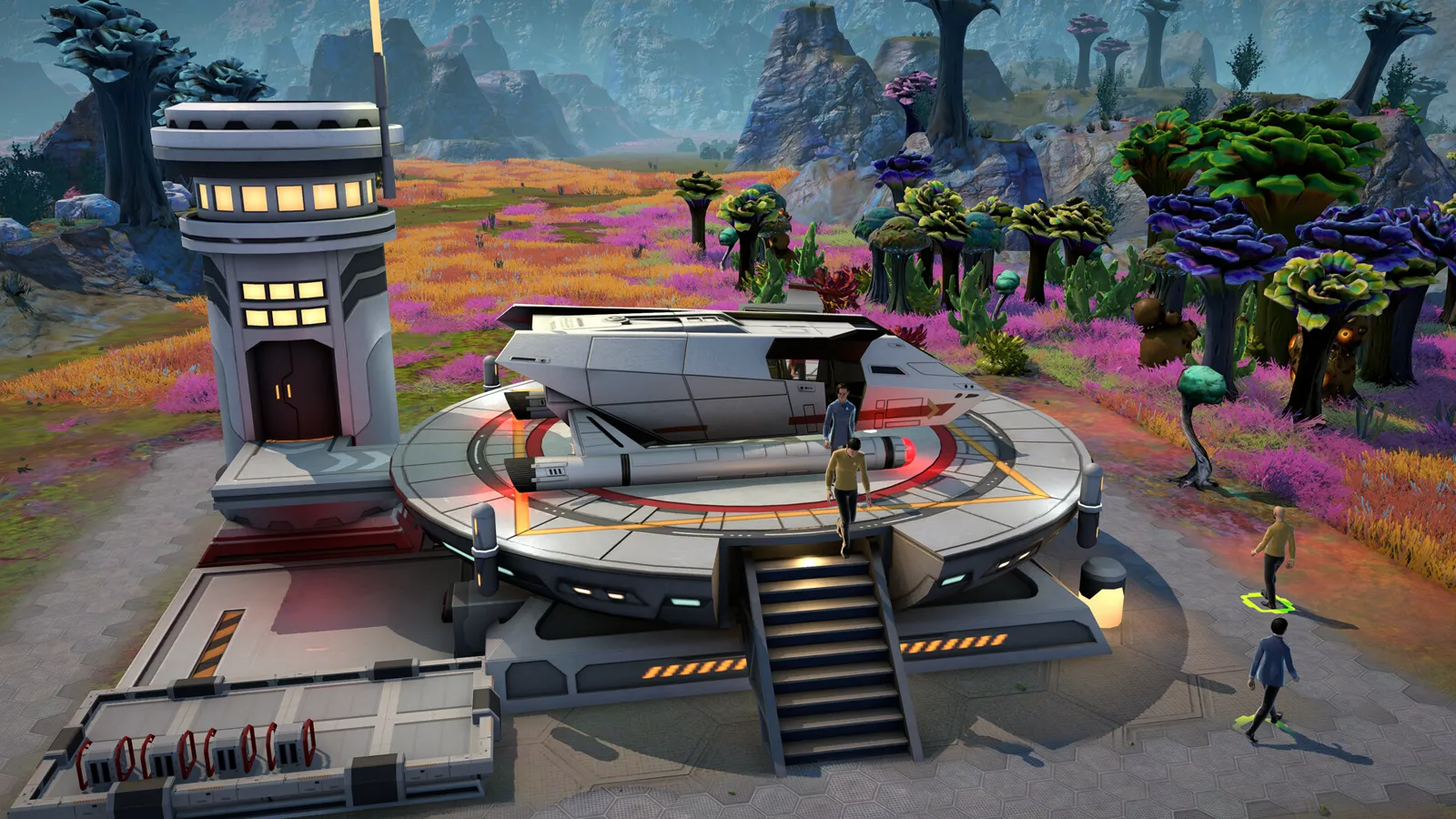 Steam screenshot of a landing pad with a control tower, crew standing on and around it, surrounded by purple and orange alien plants