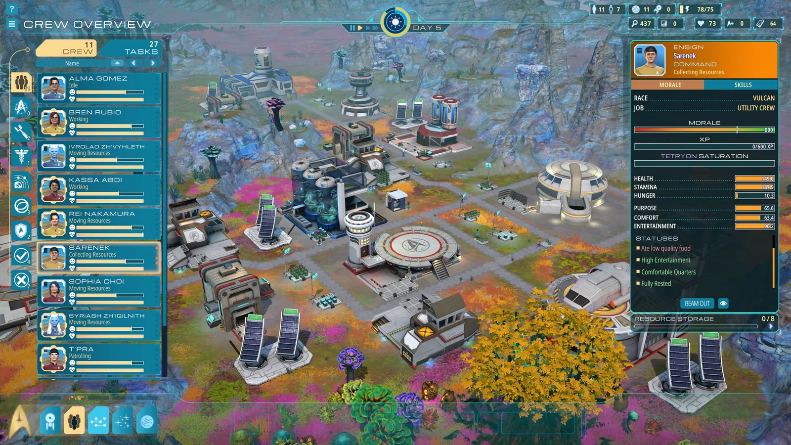Steam screenshot of the Crew Overview roster beside an outpost with a circular landing pad and solar panels