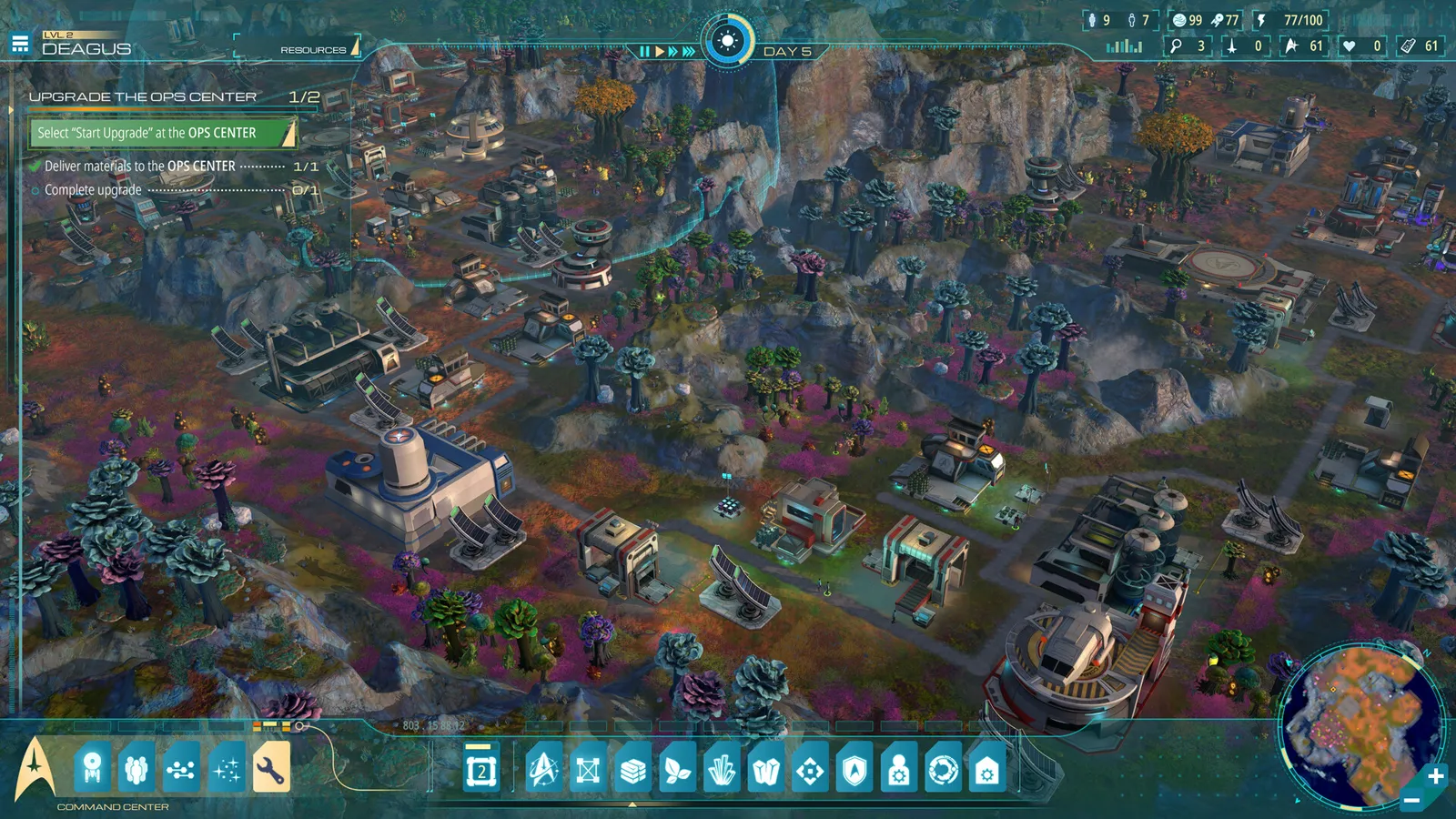 Steam screenshot of a large developed outpost with the objective “Upgrade the Ops Center” listed in the top-left tracker