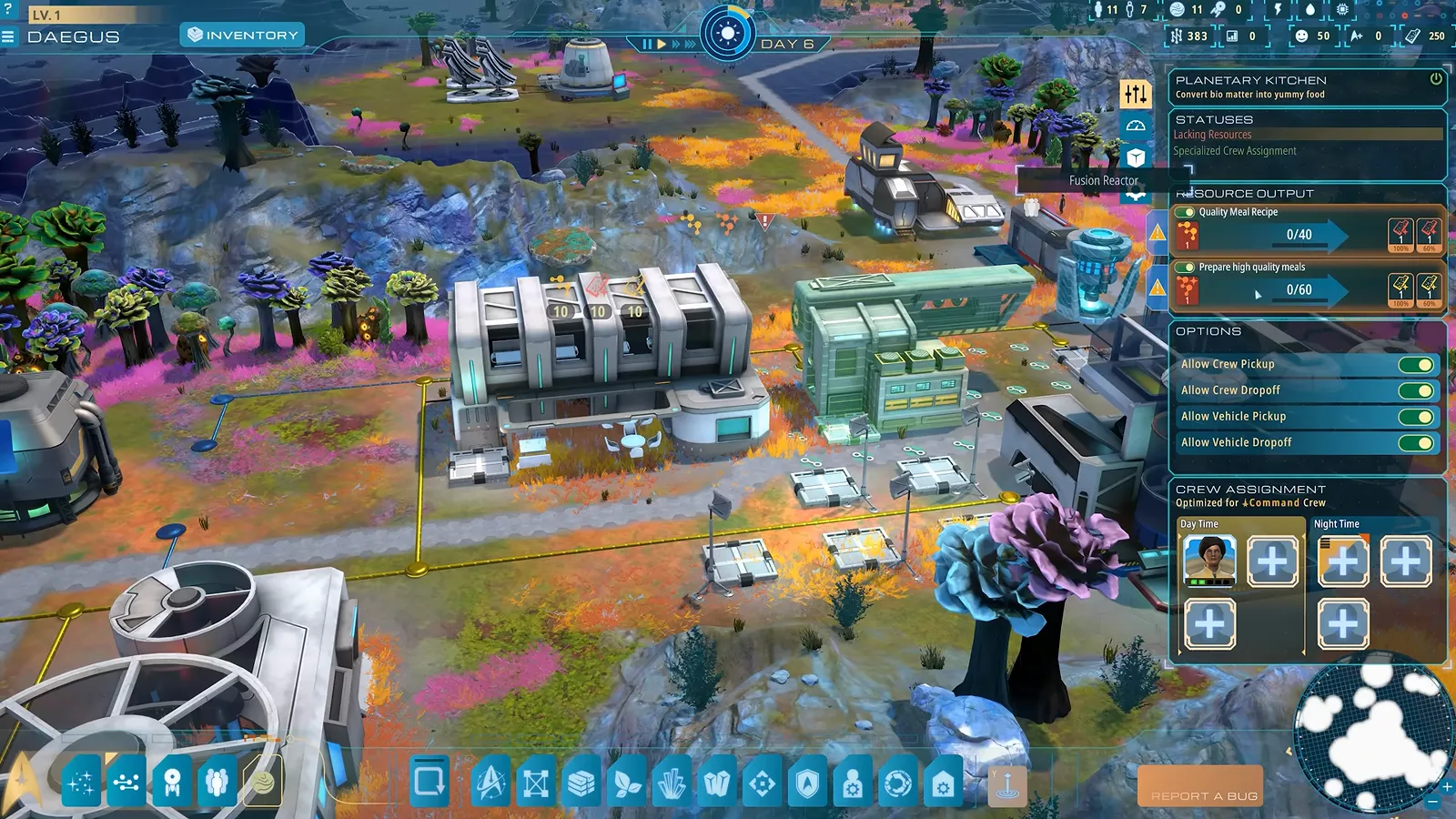 Official gameplay footage of a Planetary Kitchen panel listing the Quality Meal Recipe and Prepare high quality meals outputs with 0/40 and 0/60 progress bars