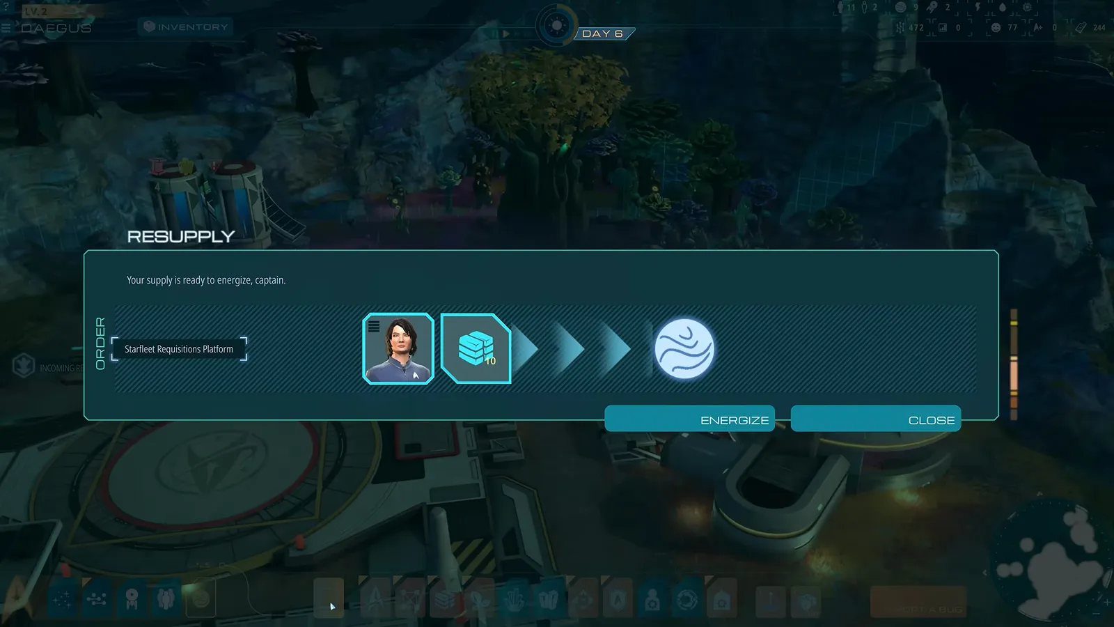 Official gameplay footage of the Resupply dialog from the Starfleet Requisitions Platform with Energize and Close buttons