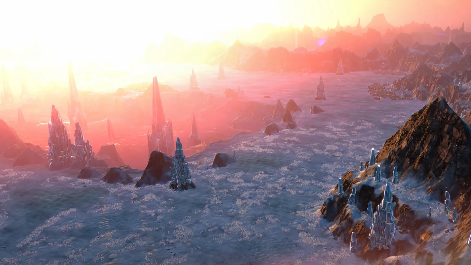 Steam screenshot of a frozen plain under a pink-orange sky with ice spires and rocky outcrops